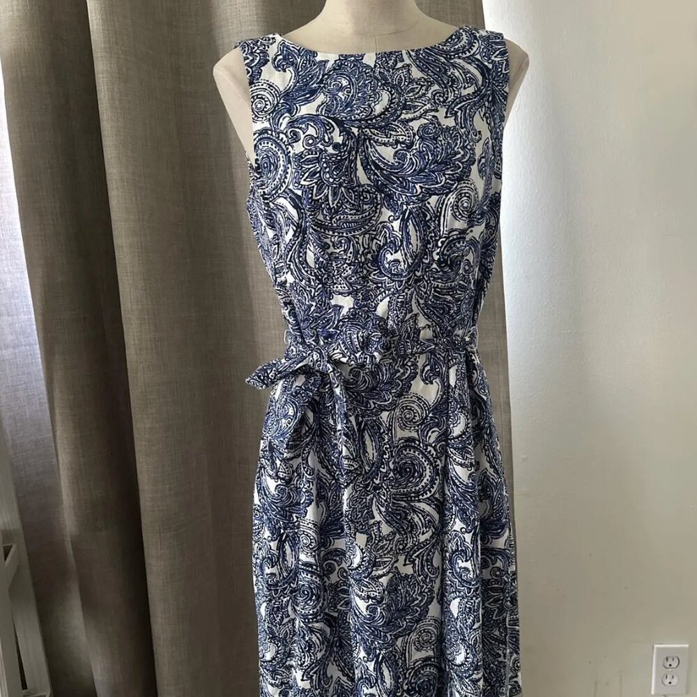 Blue and white paisley sleeveless dress with a belt